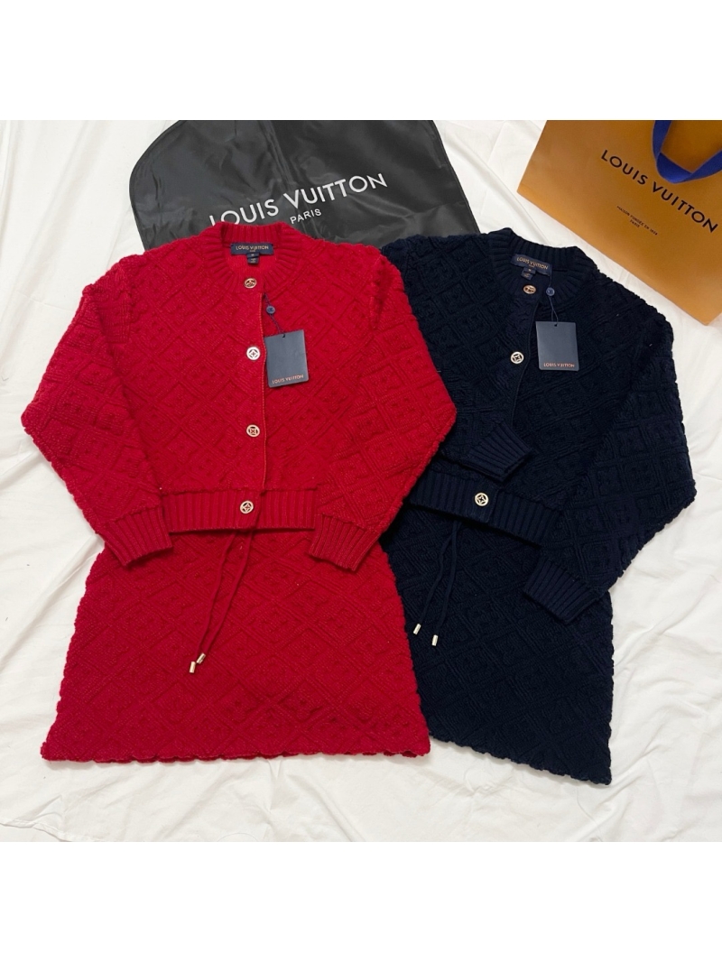 Louis Vuitton LV Limited Edition Monogram Jacquard Wool Set Cropped Cardigan with Mini Skirt Red