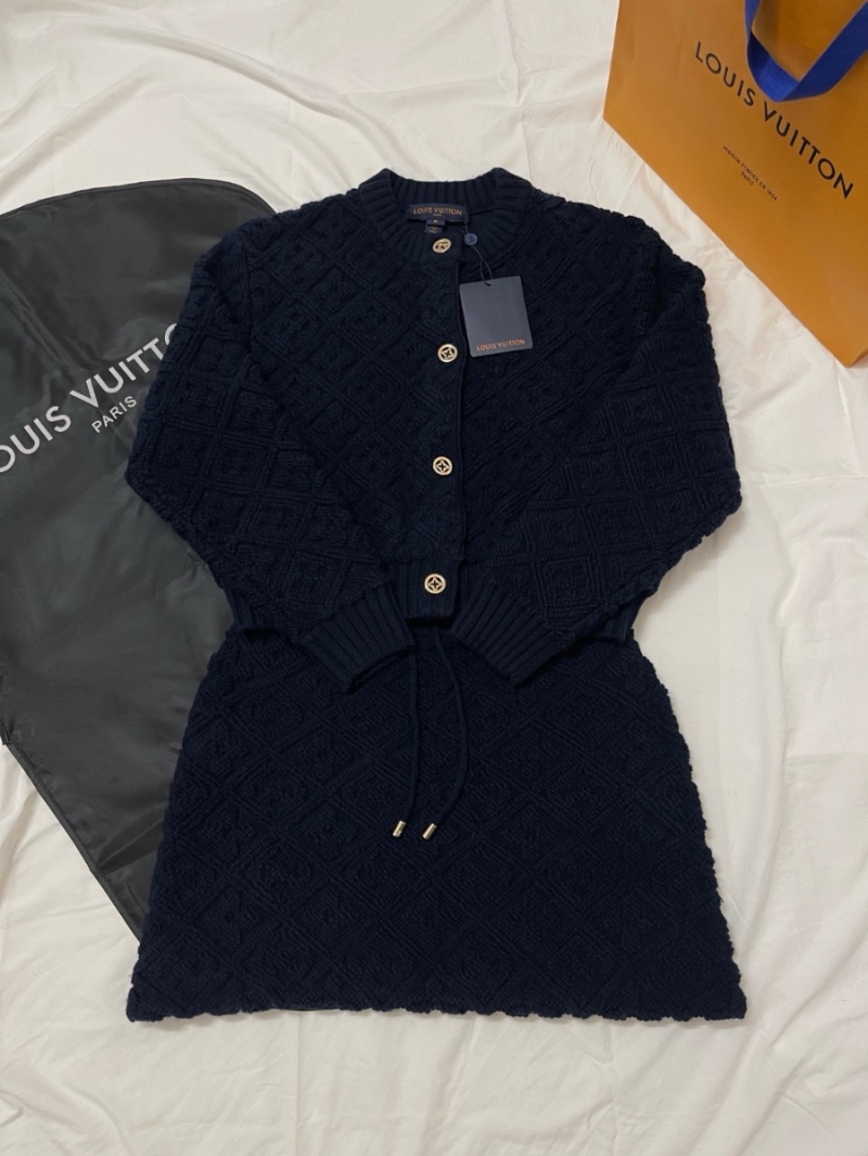 Louis Vuitton LV Limited Edition Monogram Jacquard Wool Set Cropped Cardigan with Mini Skirt Navy