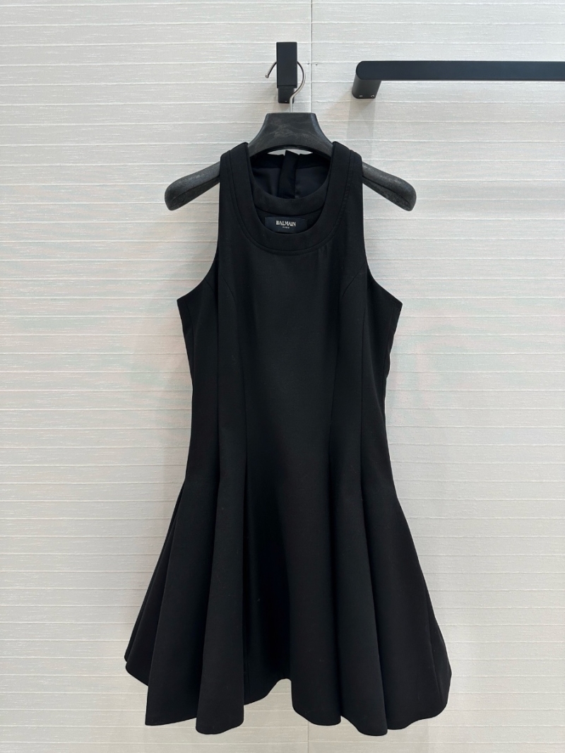 Balmain Spring/Summer 2025 Sleeveless Fabric Wool Structured Flared Dress Black – Modern Elegance