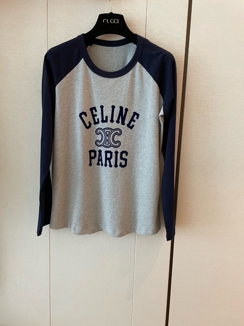 Celine 24FW  Color-Blocked Velvet Cotton T-Shirt Raglan Sleeves Long-Sleeve Top