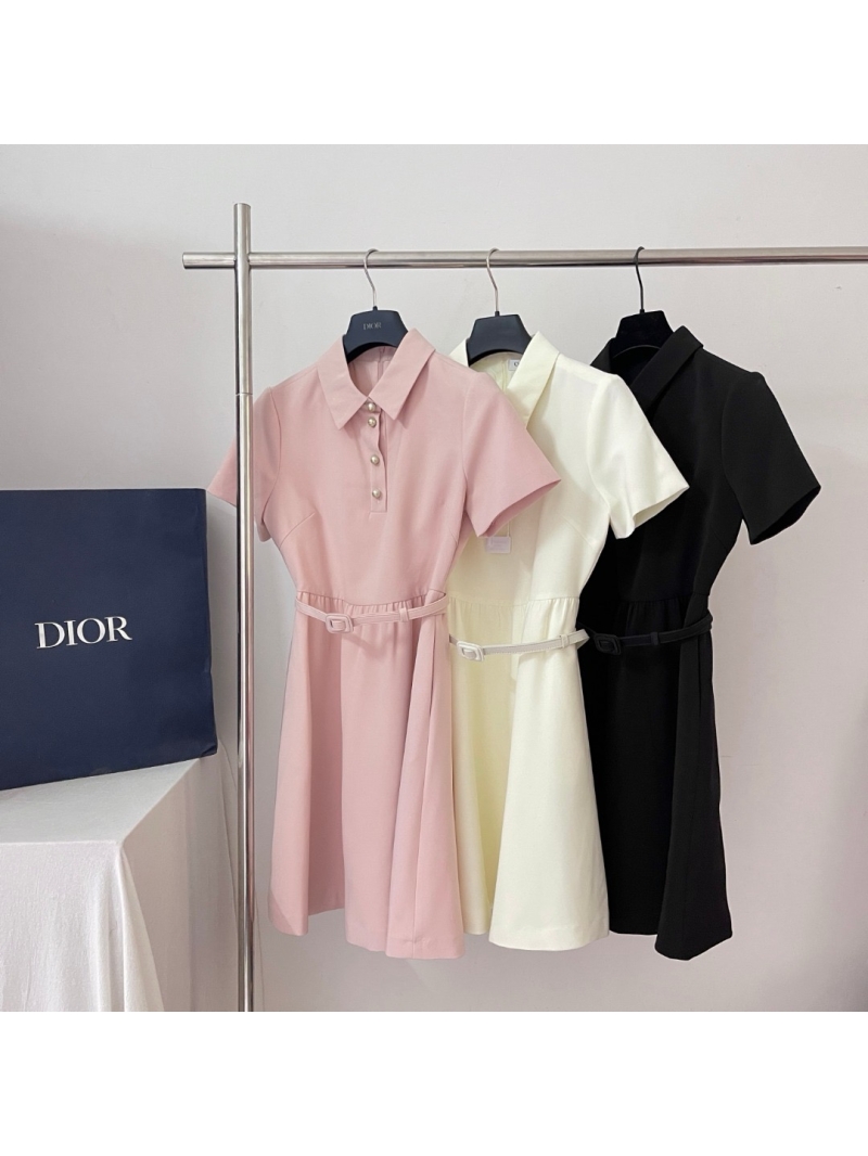 Dior CD Pearl Button Waist-Cinched Classic Wool Silk Dress Pink