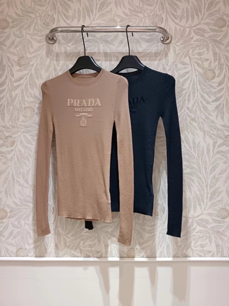 Prada Camel Wool Round Neck Long Sleeve Knit Top Brown