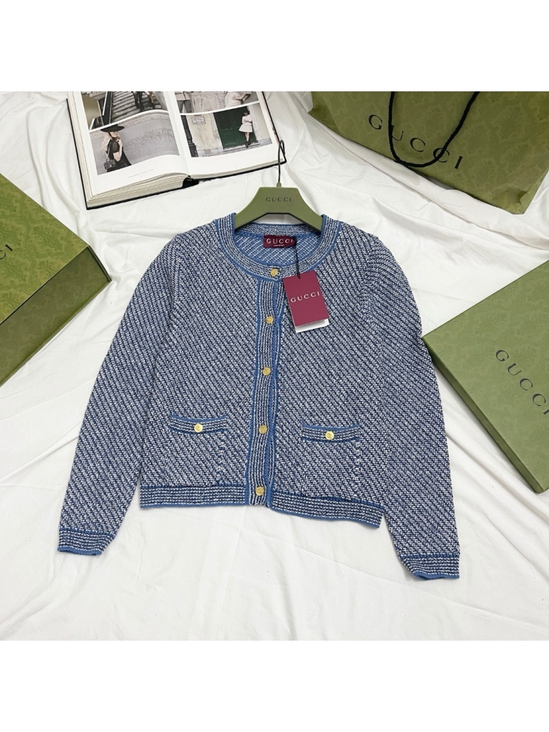 Gucci Early Spring 2025 Blue Knit Tweed Cardigan