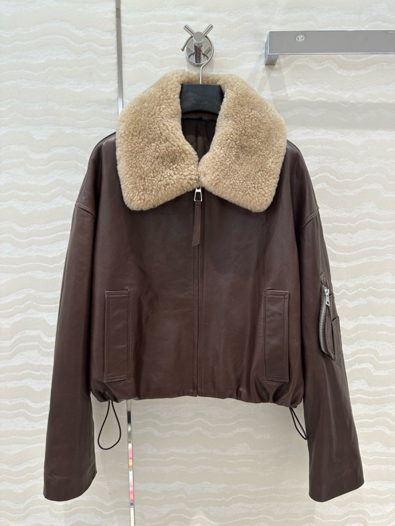 Loewe Lambskin Jacket with Detachable Shearling Collar Brown