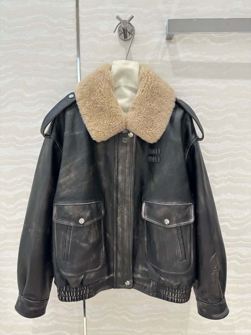 Miu Miu Teddy Shearling Collar Leather Jacket