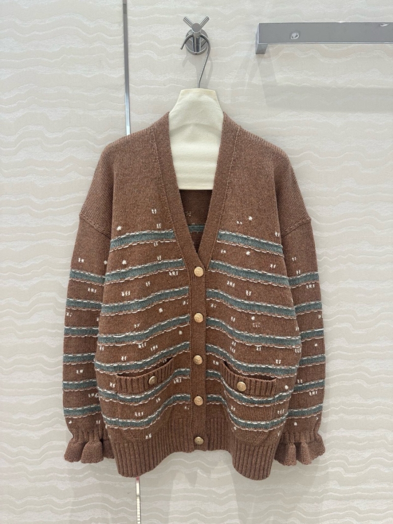 Chanel CC24k Duvivier Series Striped Cashmere Cardigan Camel