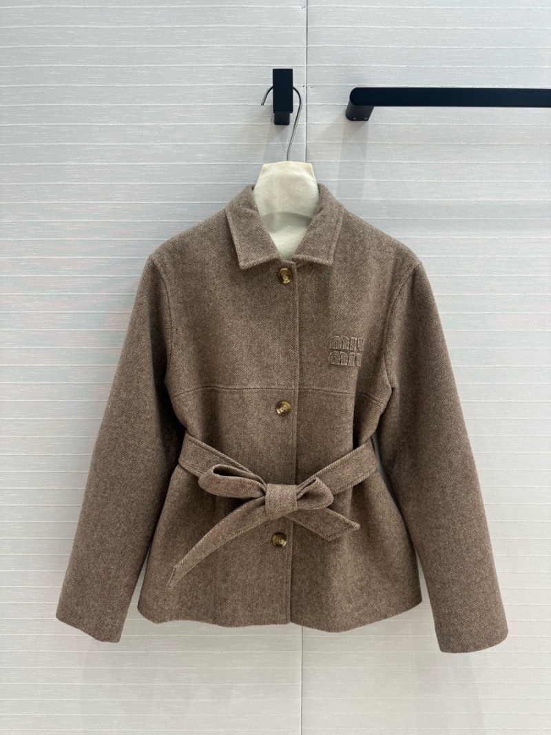 Miu Miu Herringbone Wool Tie-Waist Jacket