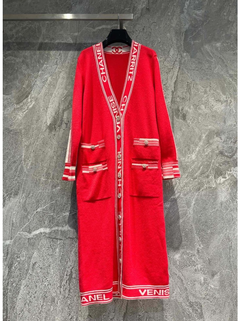 Chanel Red Long Cashmere Cardigan