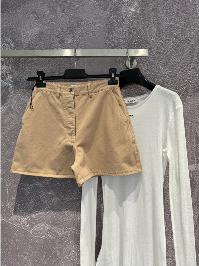 Miu Miu Distressed Denim Shorts in Khaki