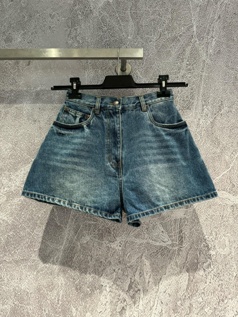 Prada Denim Triangle Logo Shorts in High-Waist, A-Line