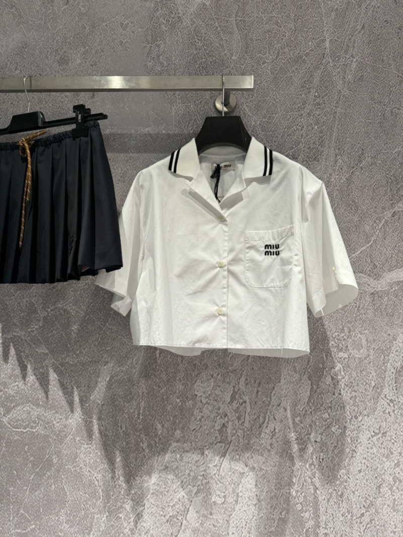Miu Miu Contrast Ribbon Trim Short Sleeve Shirt