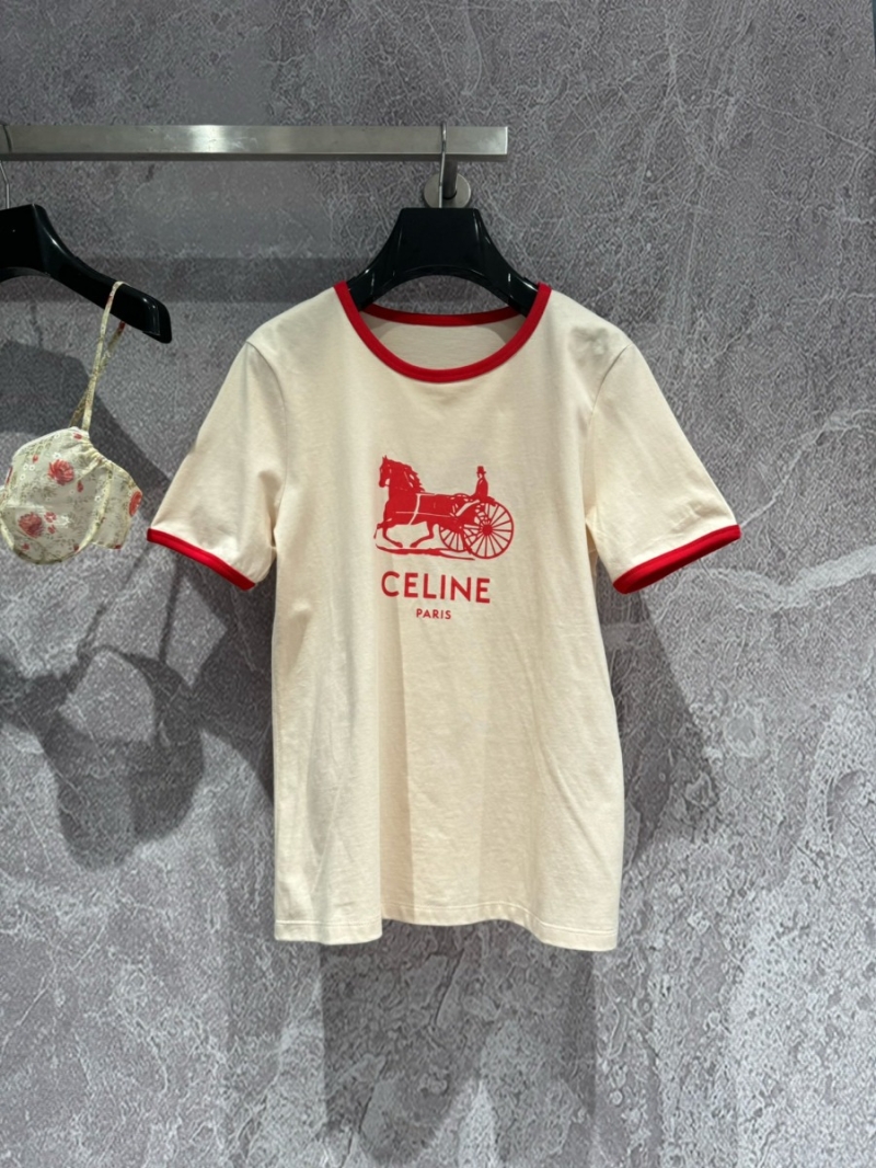 Celine Vintage Carriage Print Slimming Apricot Yellow T-Shirt