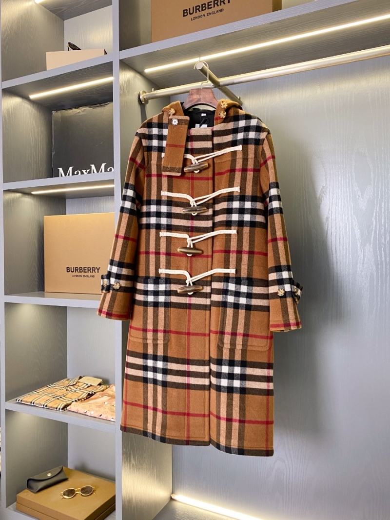 Burberry Check Pattern Horn Button Long Cashmere Wool Coat