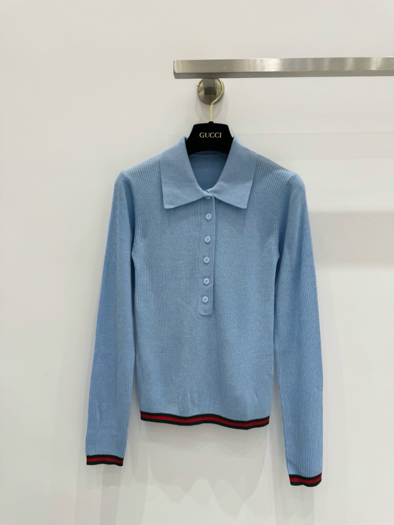 Gucci Spring 2025 Classic Collared Knit Top – Luxurious Cashmere and Silk Elegance Blue