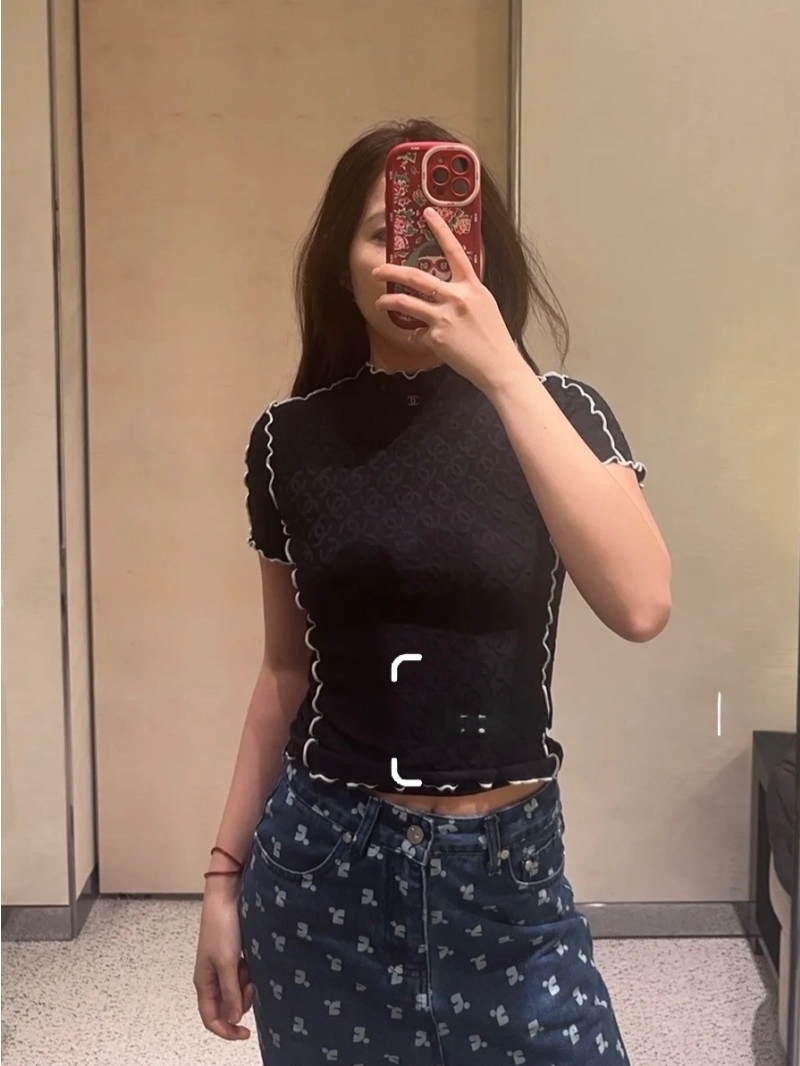 Chanel Spring 2025 Jacquard Knit Top Cotton-Silk Fabric Black