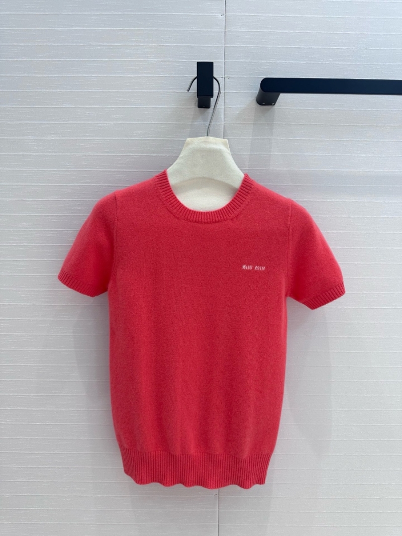 Miu Miu 24 Pre-Fall Collection Bold Letter Cashmere Short-Sleeve Sweater - Candy Pink