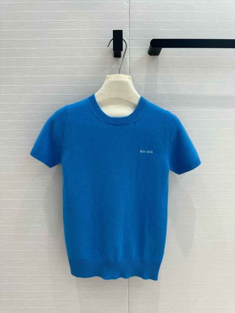 Miu Miu 24 Pre-Fall Collection Bold Letter Cashmere Short-Sleeve Sweater - Candy Blue