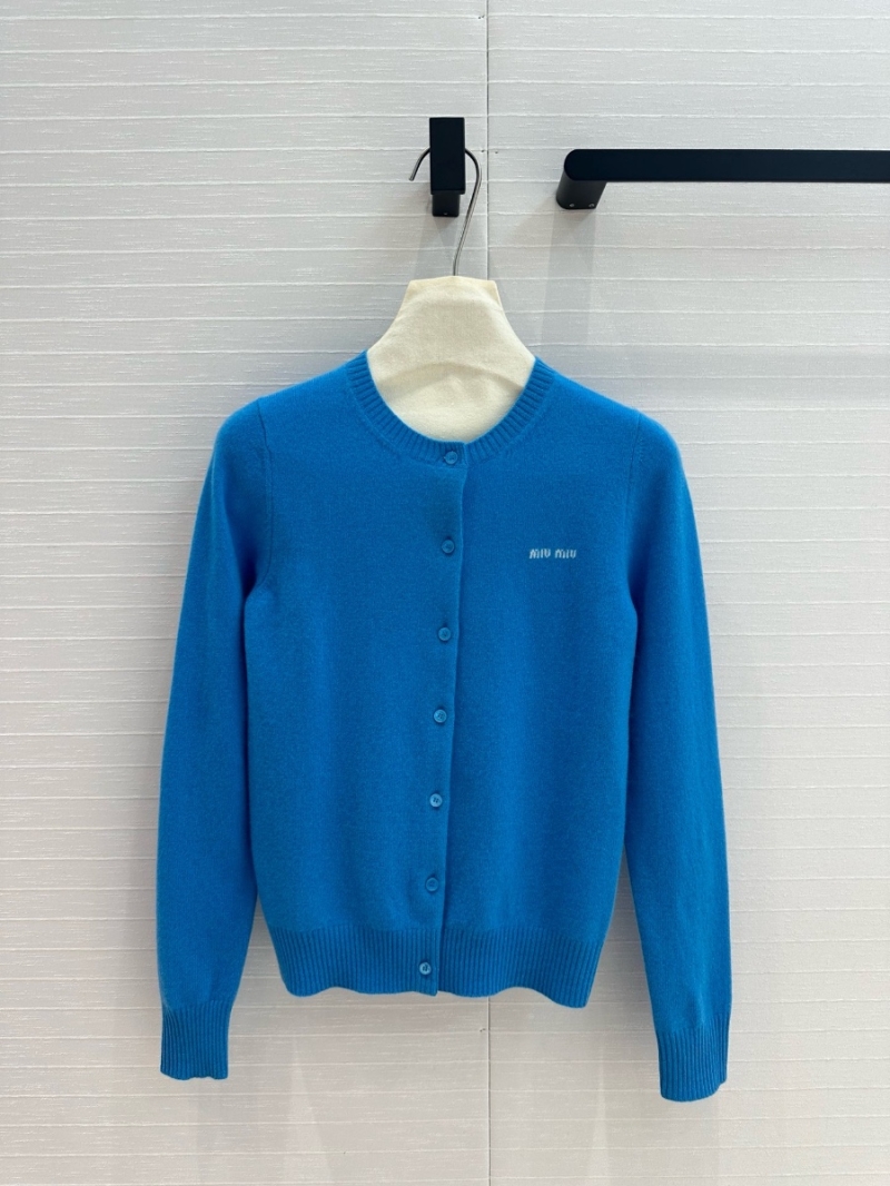 Miu Miu Early Fall New Collection Stylish Color-Block Letter Cashmere Cardigan Candy Blue
