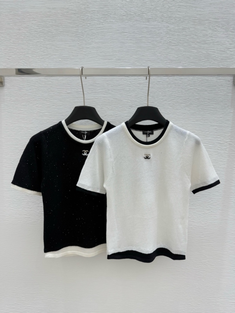 Chanel SS25Two-Toned Sequined Knit Wool Short-Sleeve Top