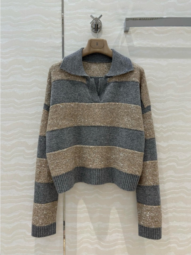 Brunello Cucinelli Metallic Striped Cashmere Polo Sweater