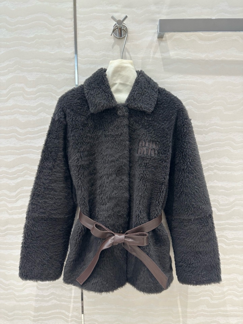 Miu Miu Luxe Shearling Jacket with Leather Belt Black