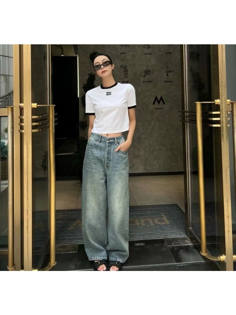 Miu Miu Unisex Logo Embroidered Ringer T-Shirt White