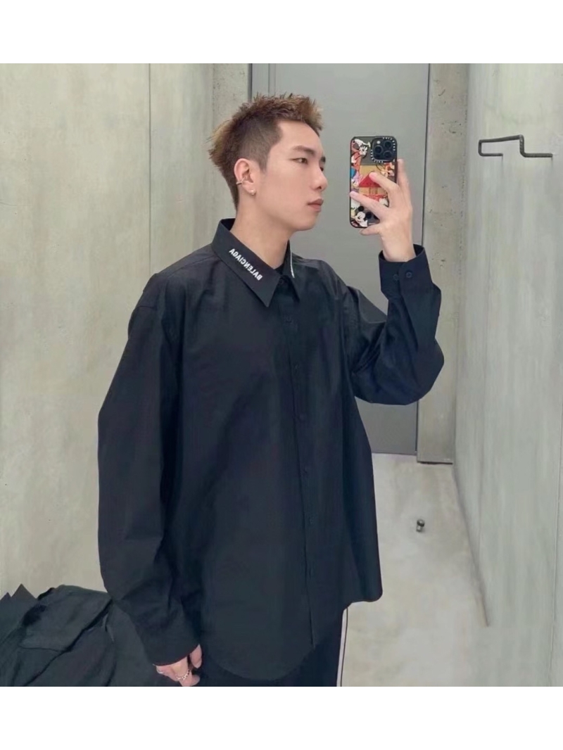 Balenciaga Unisex V-Neck Embroidered Logo Long Sleeves Shirt Black