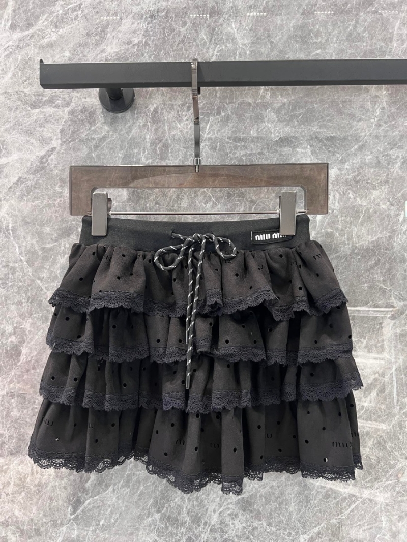 Miu Miu 24 FW Early Autumn Lace Trim Layered Ruffle Skirt - Black