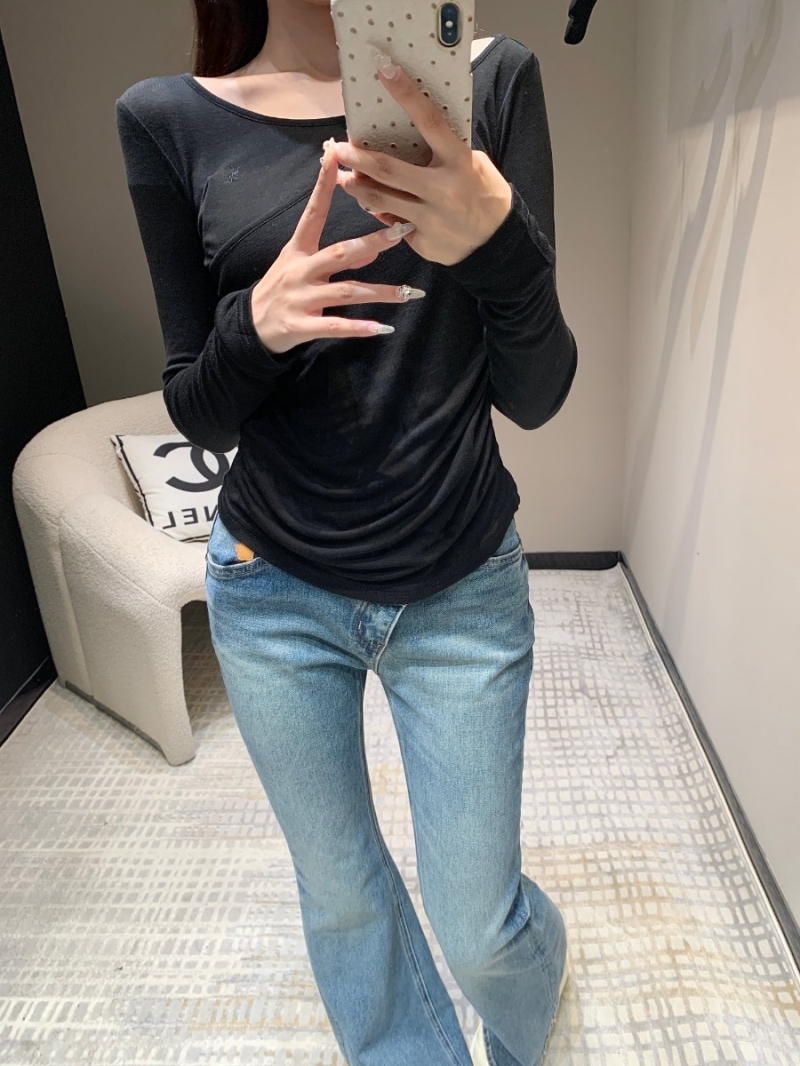 Saint Laurent YSL 24 FW Asymmetrical Ruched Waist Long Sleeve Top - Black