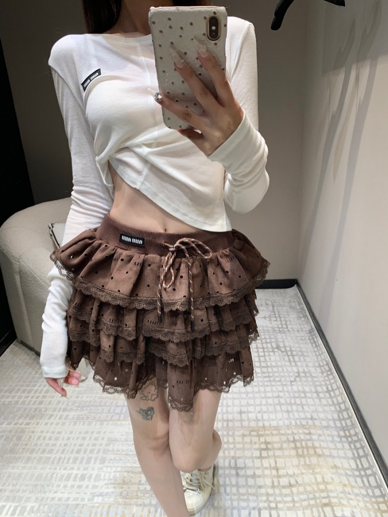 Miu Miu 24 FW Early Autumn Lace Trim Layered Ruffle Skirt - Brown