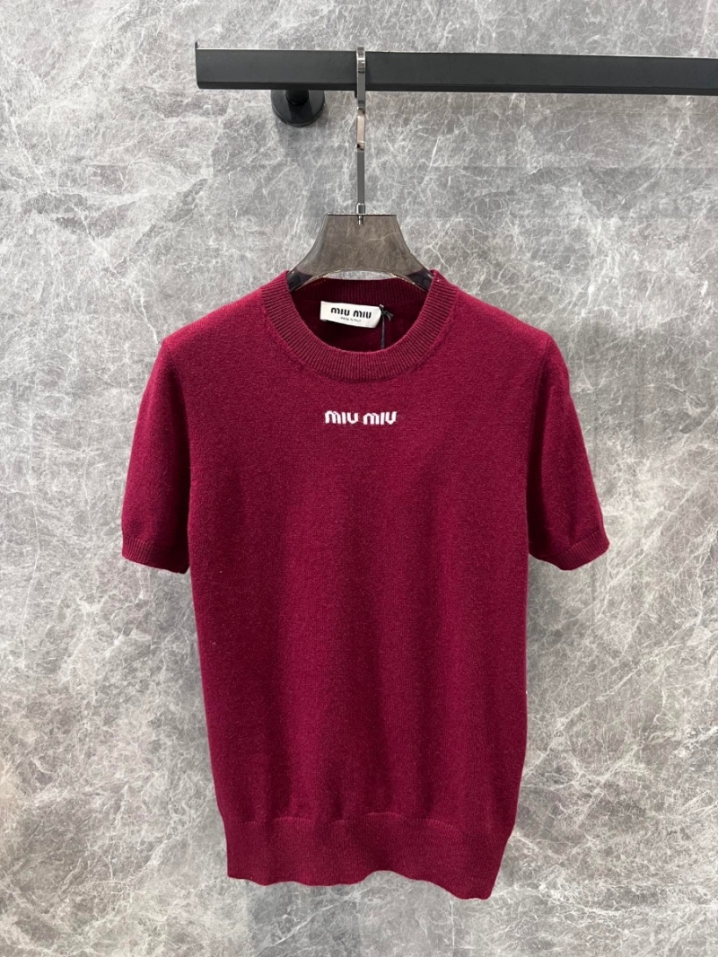 Miu Miu 24 FW Collection Minimalist Cashmere Short-Sleeve Sweater - Burgundy