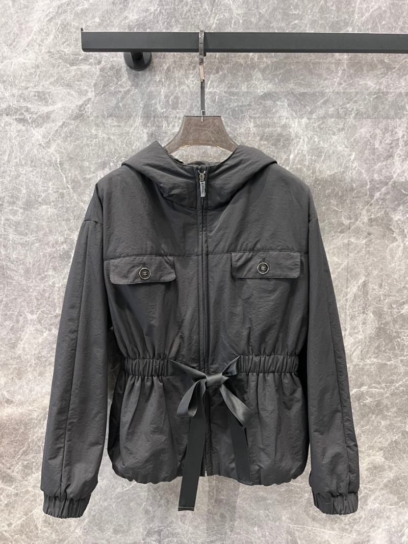 Chanel 24 FW Collection Casual Short Waist-Tie Hooded Parka - Black
