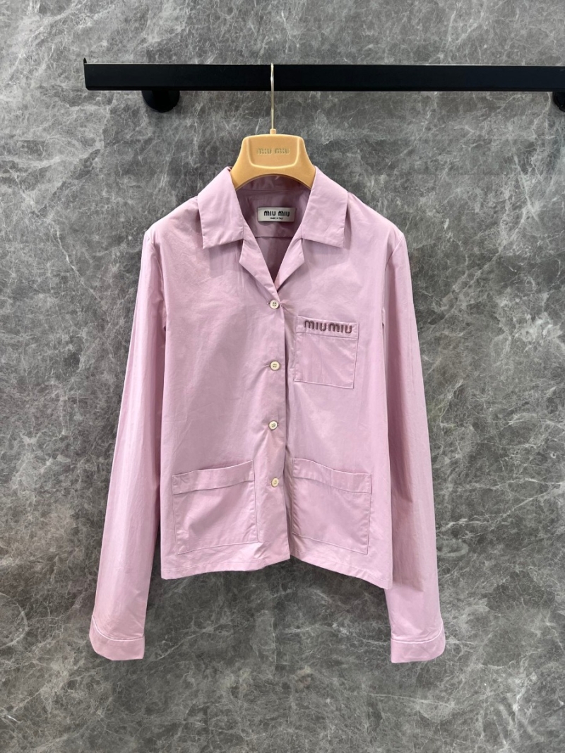 Miu Miu 24FW Collection Playful Embroidered Pocket Shirt - Soft Pink