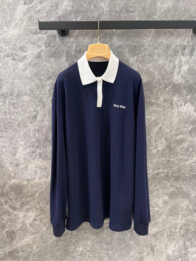 Miu Miu 24FW Contrast Collar Jacquard Logo Long-Sleeve Polo. Navy