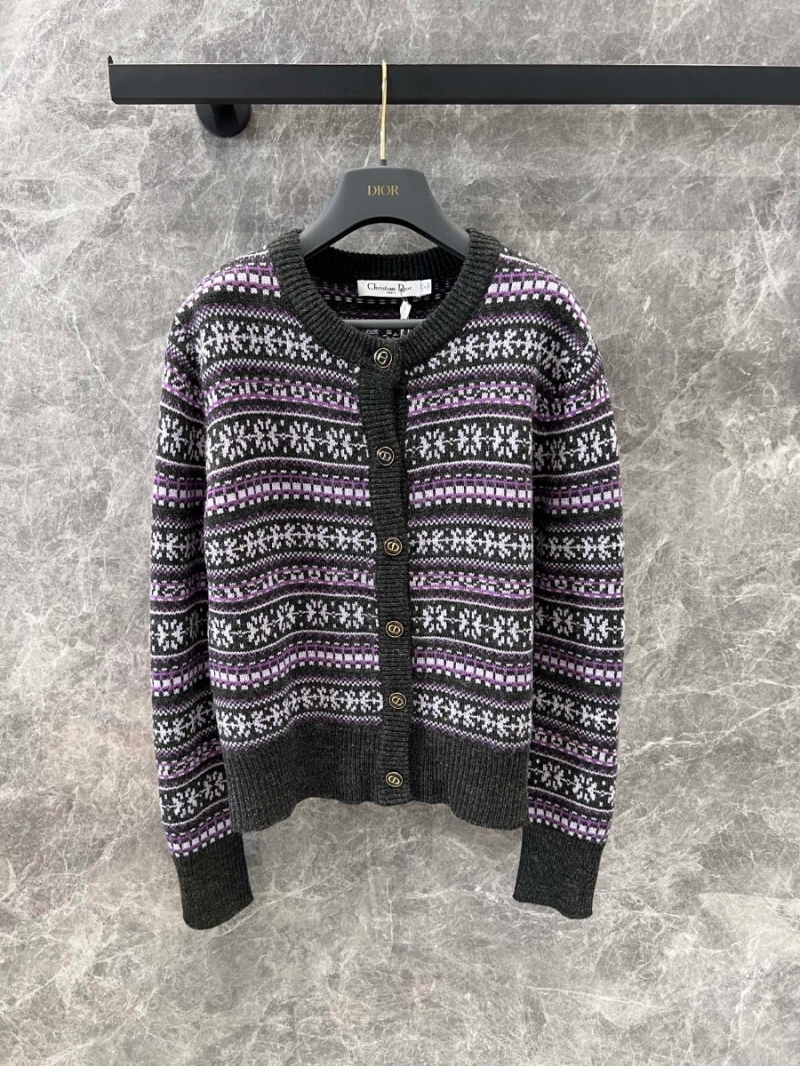 Dior 24 FW Collection Elegant Snowflake Wool Cardigan in Black, White, and Purple
