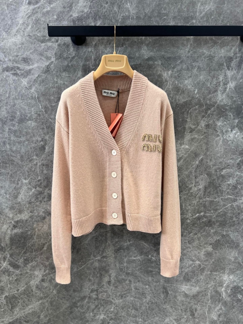 Miu Miu 24FW Cashmere Pearl Logo Cardigan - Beige