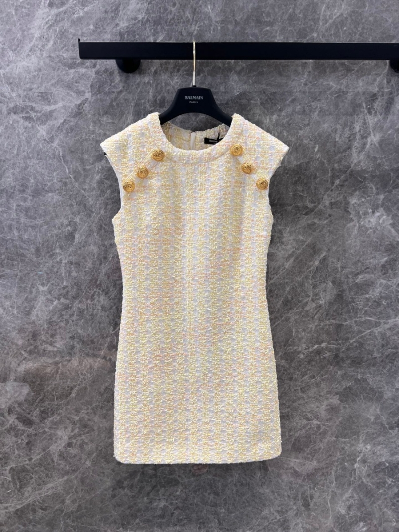 Balmain 24FW Fall/Winter Gold Button Sleeveless Tweed Dress - White/Gold