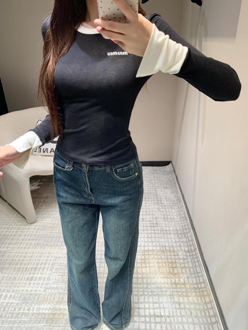 Miu Miu SS25 Contrast-Trim Letter Embroidery Long-Sleeve T-Shirt. Black