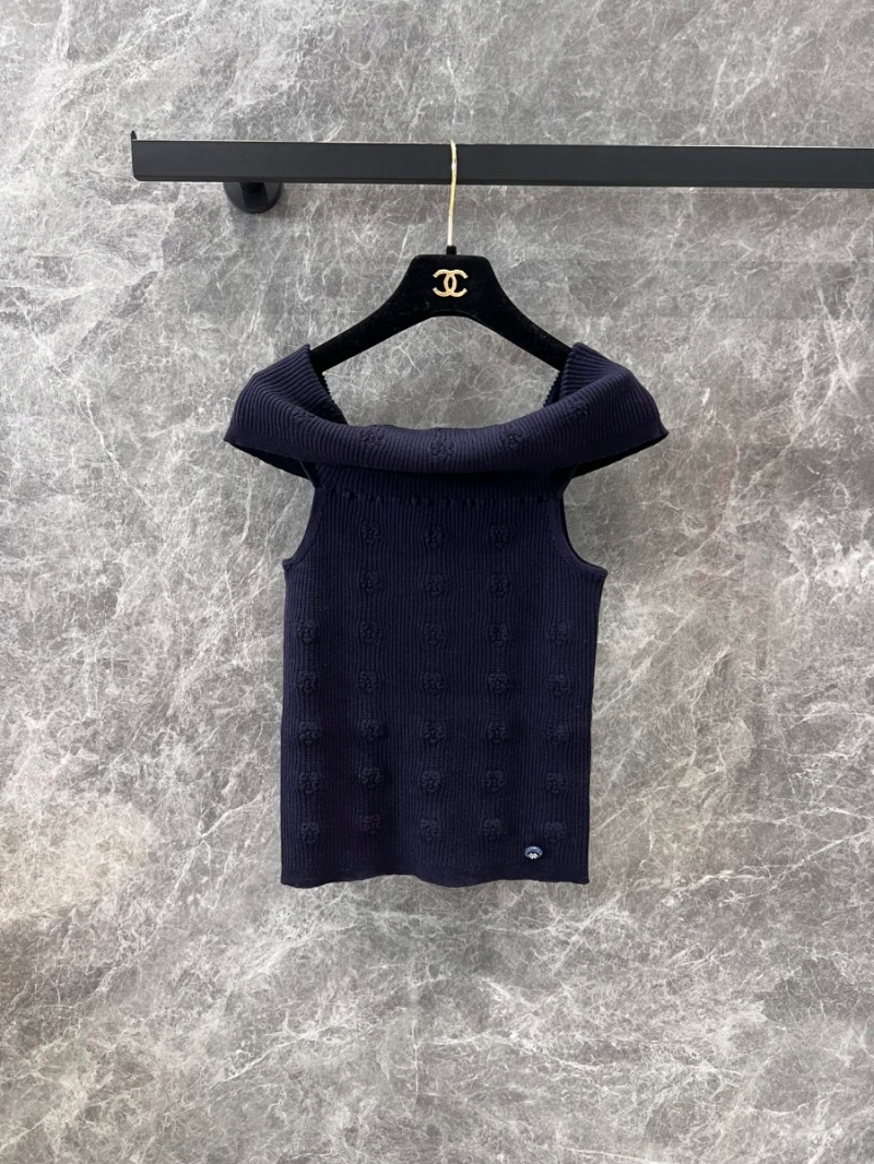 Chanel 25C Early Spring Collection Off-Shoulder Cashmere Knit Top – Navy