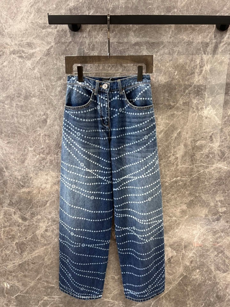  Chanel 25P New Series Imported Washed Denim CC Pearl Logo Wide-Leg Jeans Dark Blue