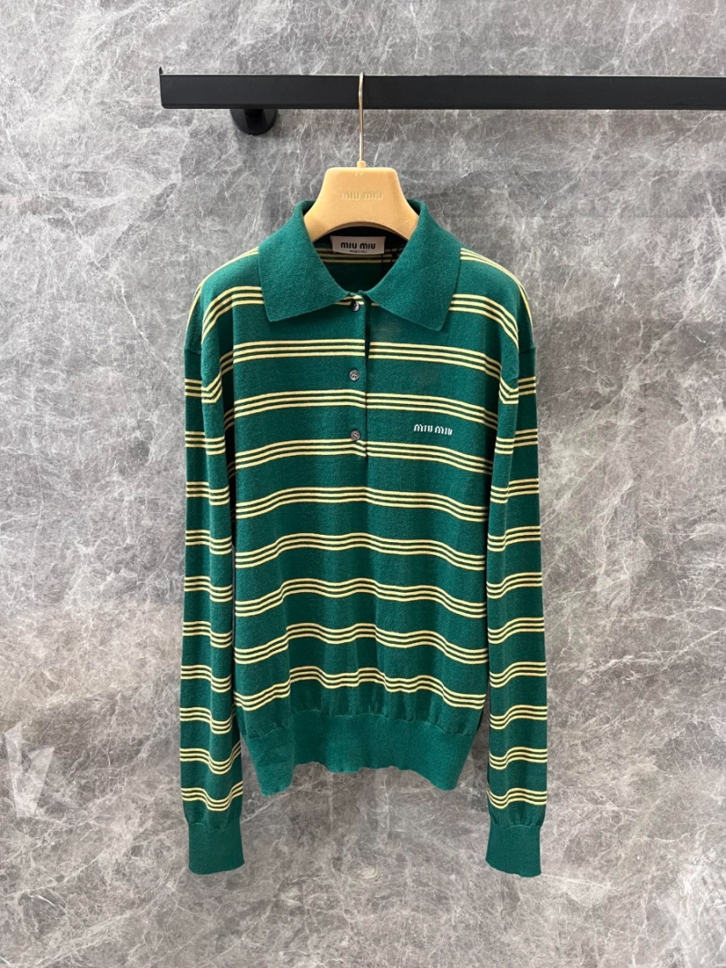 Miu Miu 25SS Early Spring Elegant Striped Polo Knit Sweater Green with Yellow stripes