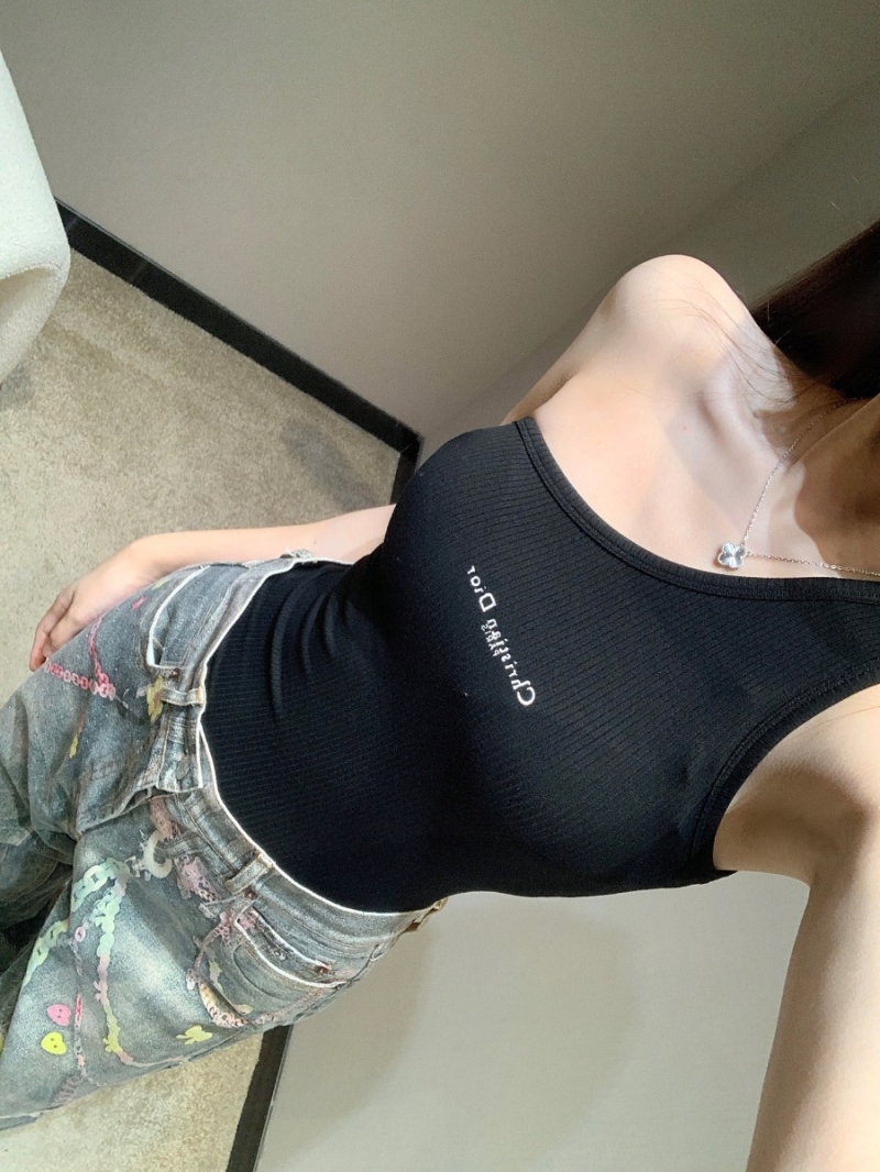 Dior 25SS Early Spring Stylish Embroidered Tank Top Sleek Black