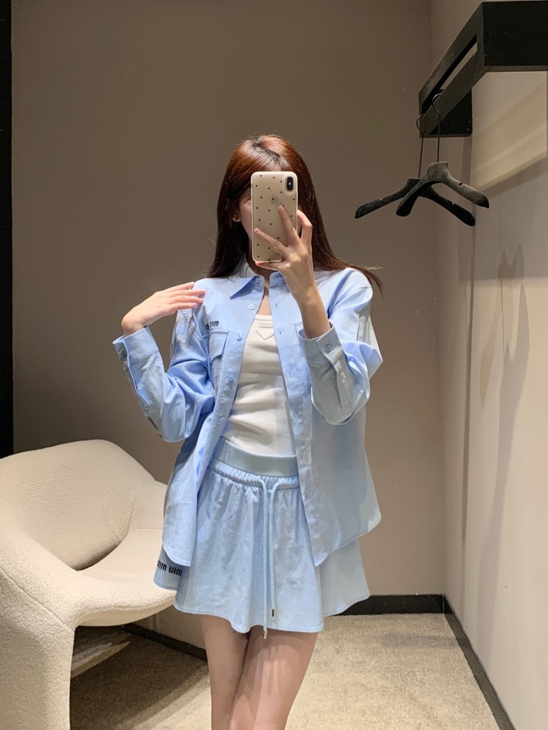 Miu Miu 25SS Spring/Summer Chic Logo-Embroidered Shirt and Skirt Set Light Blue