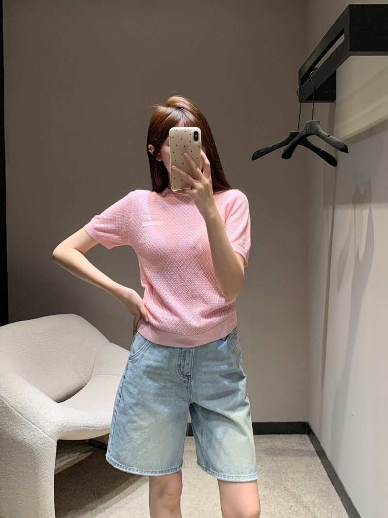 MiuMiu 25SS Spring/Summer Chic Hollow-Out Knit Short-Sleeve Top Pink