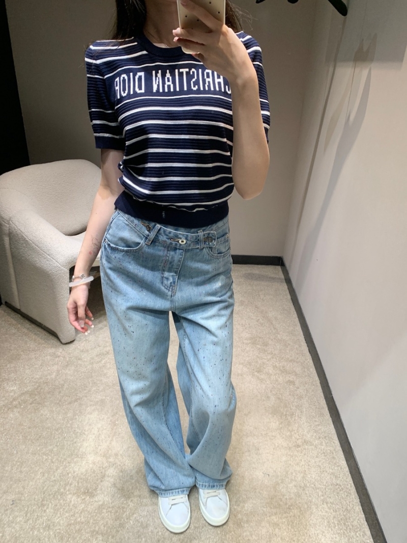 Dior 25SS Spring/Summer Chic Striped Jacquard Knit Top Navy