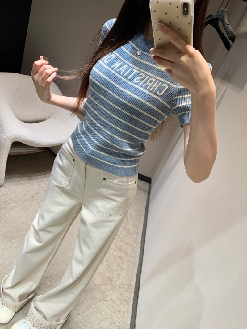 Dior 25SS Spring/Summer Elegant Striped Knit Top Blue