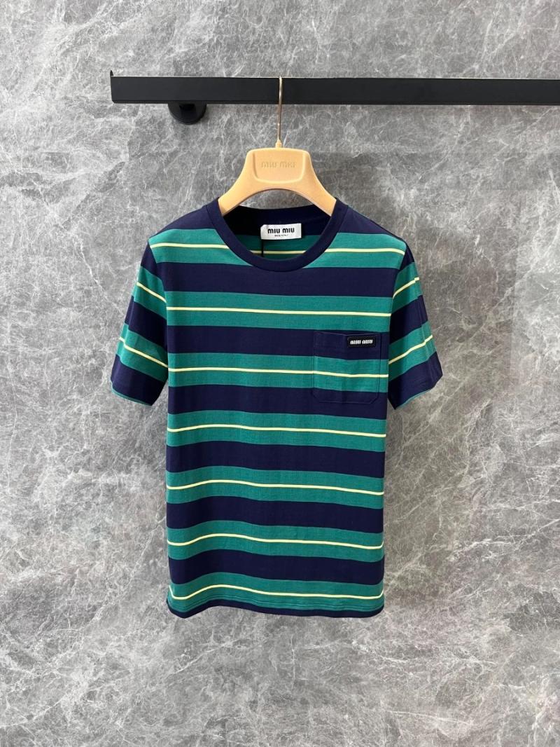 Miu Miu 25SS Spring/Summer Classic Striped T-Shirt Green and Blue Stripes