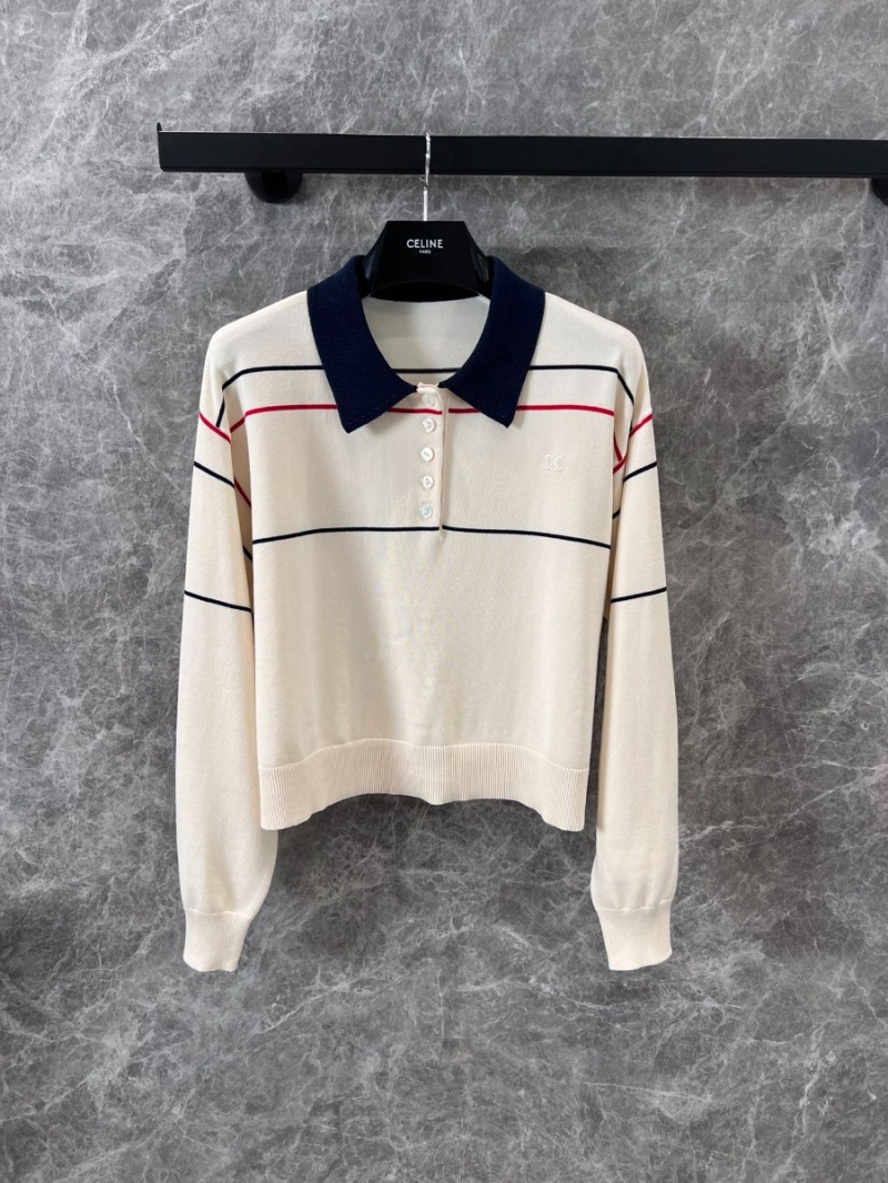 Celine 25SS Chic Embroidered Polo Sweater Cream