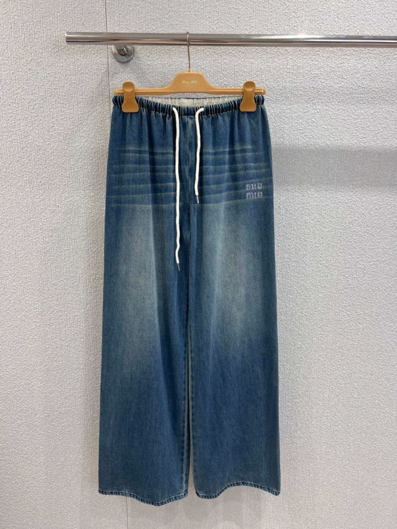 Miu Miu 25SS Trendy Rhinestone Drawstring Jeans Gradient Blue