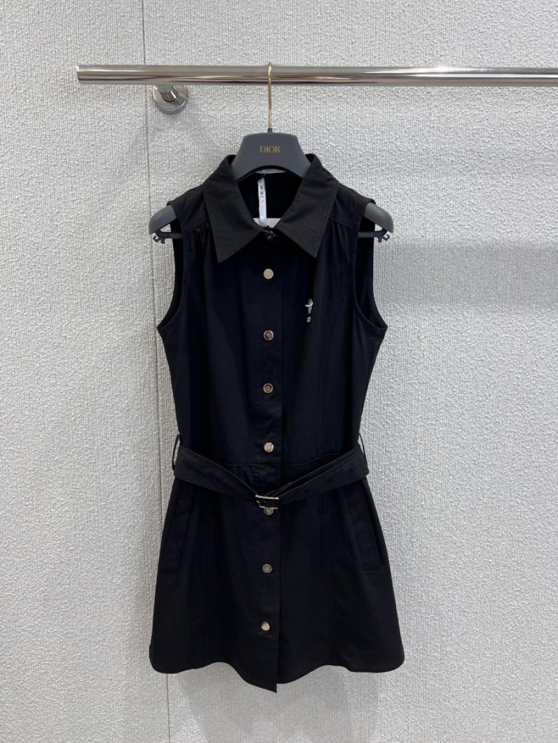 Dior Exclusive Bee Embroidery Denim Belted Vest Dress Black